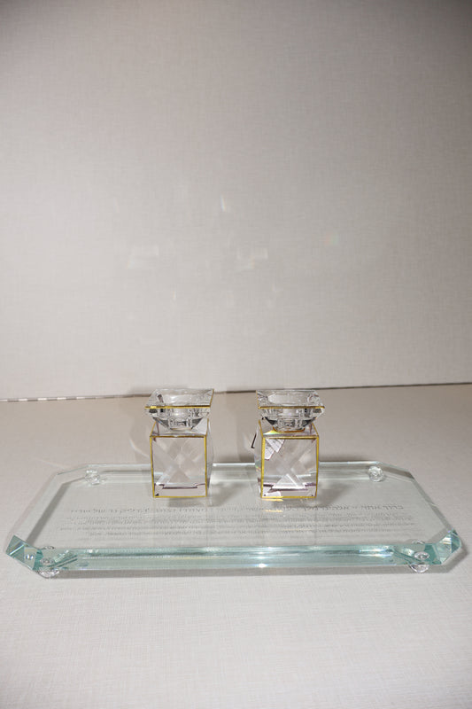 סט פמוטי קריסטל עם מגש מהודר וחריטת תפילה להדלקת נרות שבת