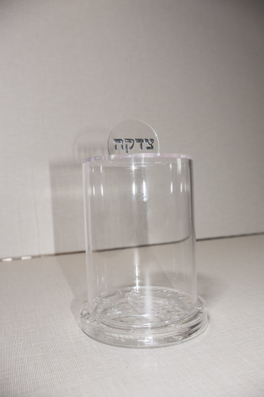 קופת צדקה אקריליק – דגם עגול משולב כסף 
